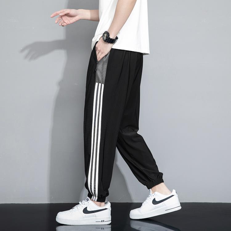 春夏季新款男士冰絲三條杠薄款寬松高彈百搭胖子大碼束腳運動褲男-細節圖2