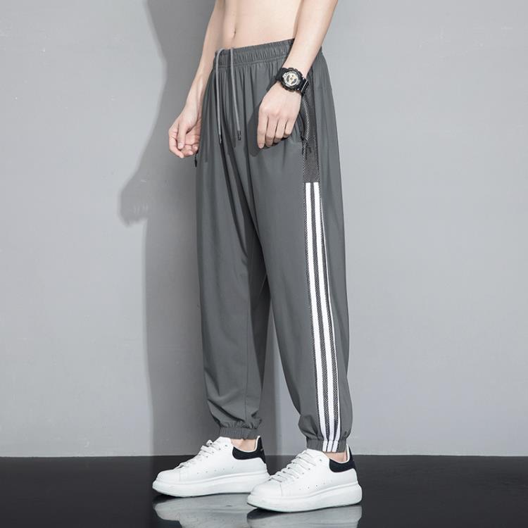 春夏季新款男士冰絲三條杠薄款寬松高彈百搭胖子大碼束腳運動褲男-細節圖5