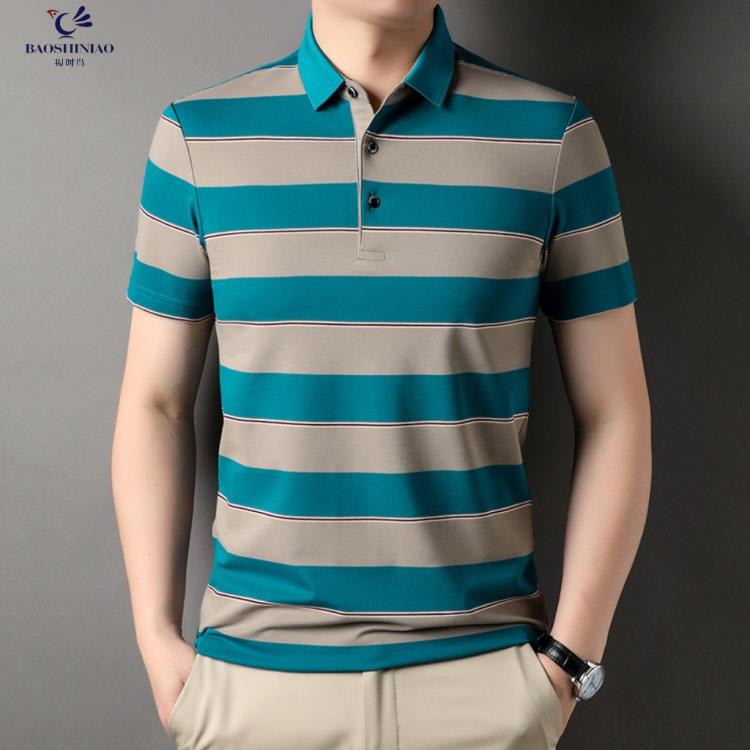 短袖T恤 男士條紋POLO衫2023夏季新款t恤棉翻領色織休閒半袖上衣男-細節圖3