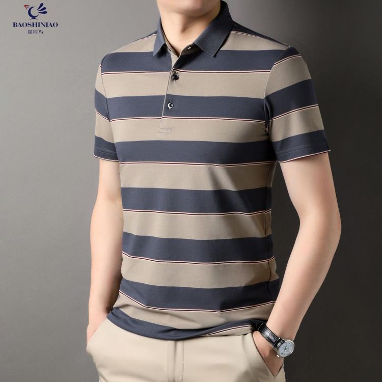 短袖T恤 男士條紋POLO衫2023夏季新款t恤棉翻領色織休閒半袖上衣男-細節圖4