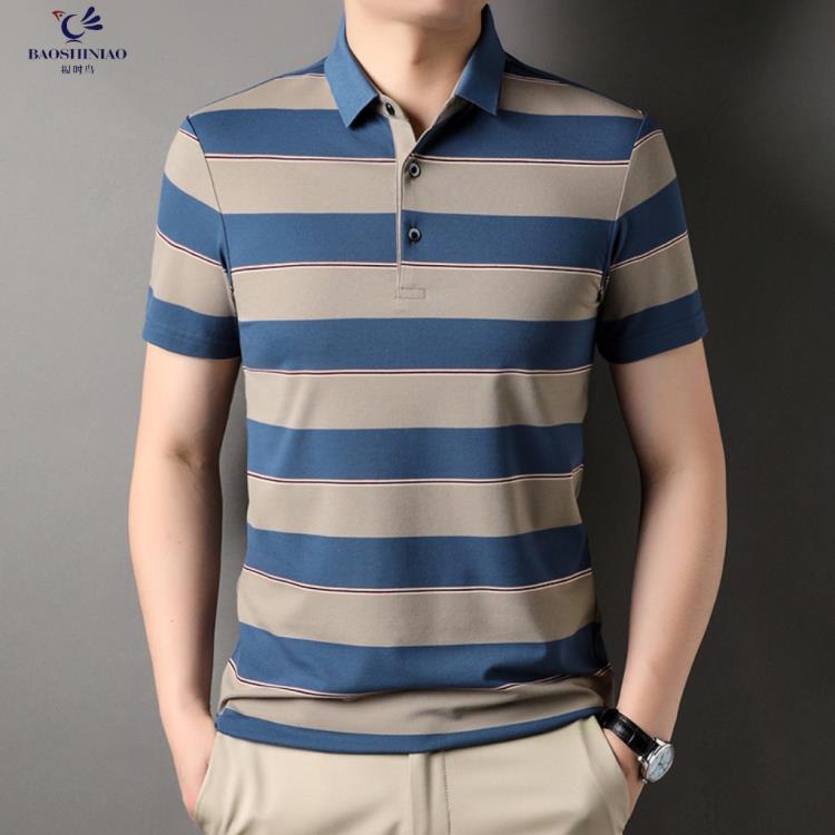 短袖T恤 男士條紋POLO衫2023夏季新款t恤棉翻領色織休閒半袖上衣男-細節圖6