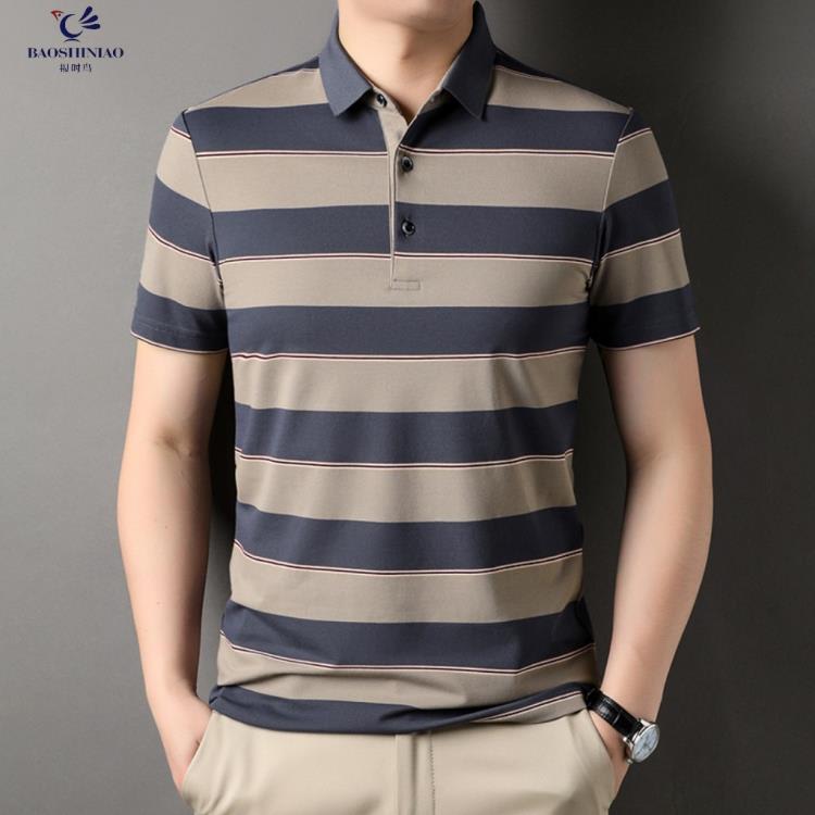 短袖T恤 男士條紋POLO衫2023夏季新款t恤棉翻領色織休閒半袖上衣男-細節圖8