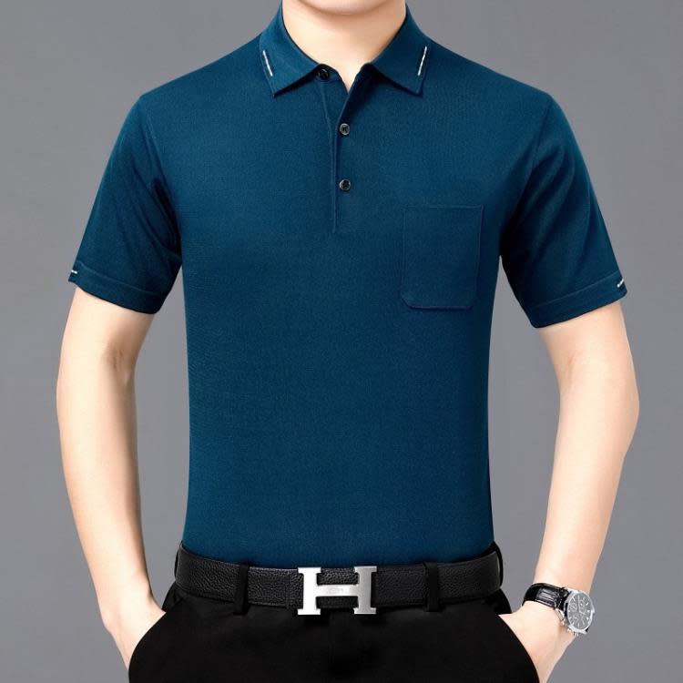 品牌2023夏季真絲男士T恤桑蠶絲商務休閒中年爸爸短袖翻領POLO衫-細節圖2