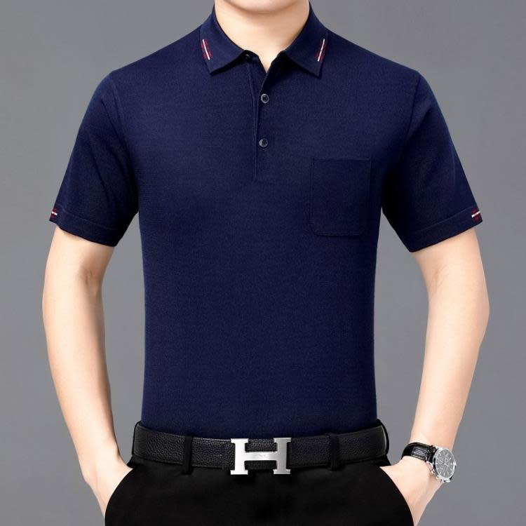 品牌2023夏季真絲男士T恤桑蠶絲商務休閒中年爸爸短袖翻領POLO衫-細節圖3