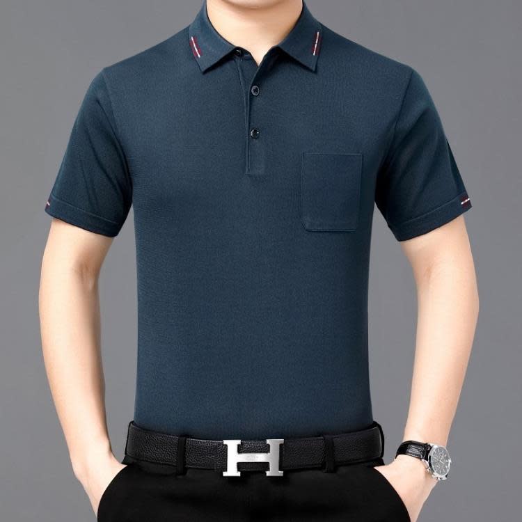 品牌2023夏季真絲男士T恤桑蠶絲商務休閒中年爸爸短袖翻領POLO衫-細節圖4