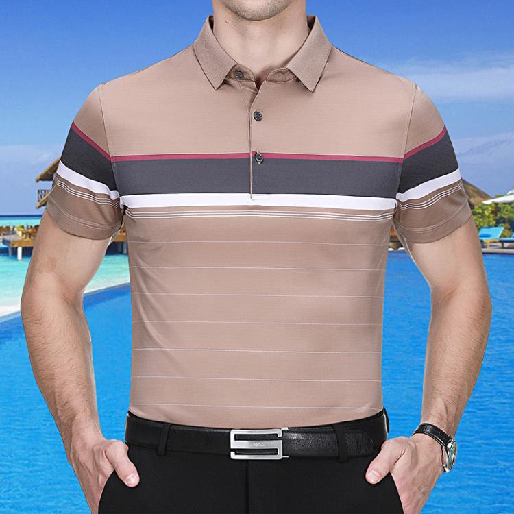 品牌夏季男士桑蠶絲短袖T恤休閒翻領中年時尚冰絲條紋撞色T恤衫男-細節圖2