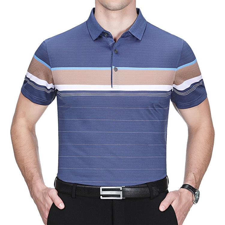 品牌夏季男士桑蠶絲短袖T恤休閒翻領中年時尚冰絲條紋撞色T恤衫男-細節圖3