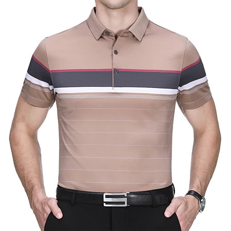 品牌夏季男士桑蠶絲短袖T恤休閒翻領中年時尚冰絲條紋撞色T恤衫男-細節圖4