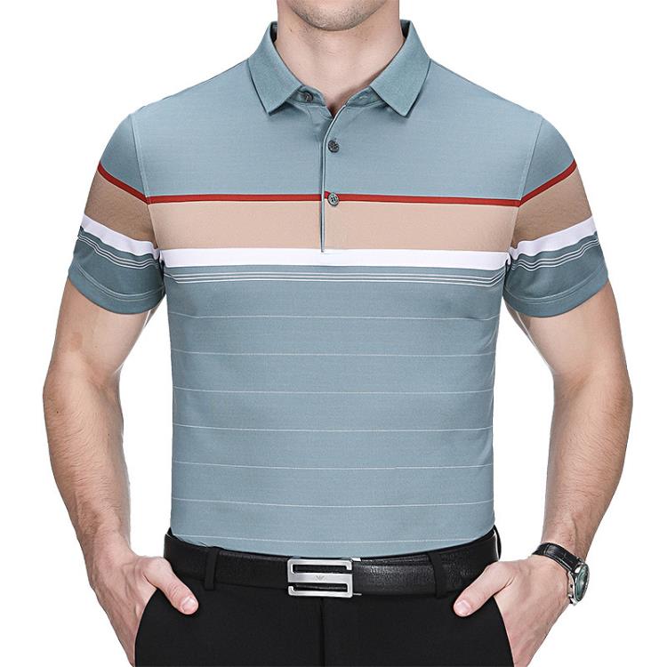 品牌夏季男士桑蠶絲短袖T恤休閒翻領中年時尚冰絲條紋撞色T恤衫男-細節圖5