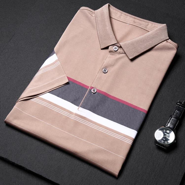 品牌夏季男士桑蠶絲短袖T恤休閒翻領中年時尚冰絲條紋撞色T恤衫男-細節圖6