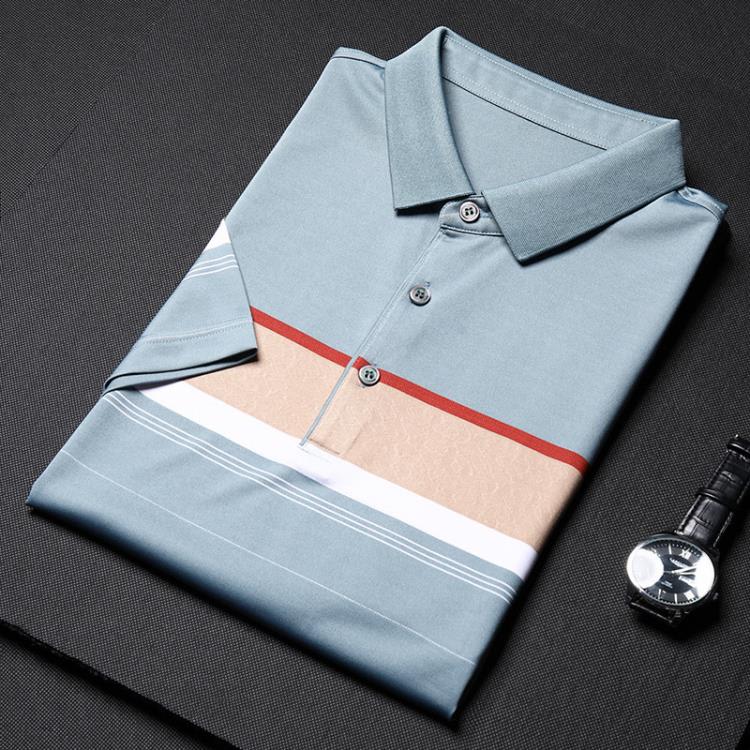 品牌夏季男士桑蠶絲短袖T恤休閒翻領中年時尚冰絲條紋撞色T恤衫男-細節圖7