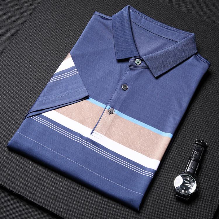 品牌夏季男士桑蠶絲短袖T恤休閒翻領中年時尚冰絲條紋撞色T恤衫男-細節圖8