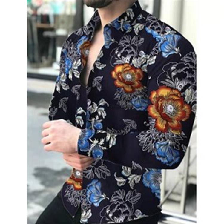 襯衫 2023春秋季男士長袖印花修身氣質翻領休閒紐扣襯衣-細節圖3