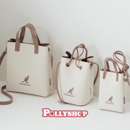 韓國KANGOL袋鼠牌 帆布PVC皮革拼接水桶包小方包