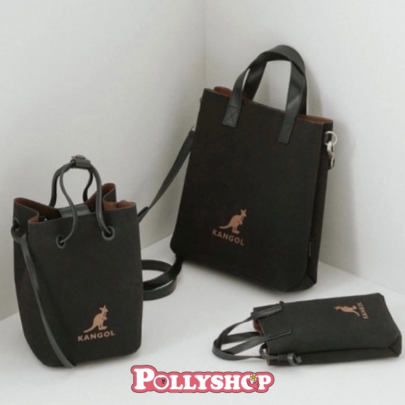 韓國KANGOL袋鼠牌 帆布PVC皮革拼接水桶包小方包-細節圖2