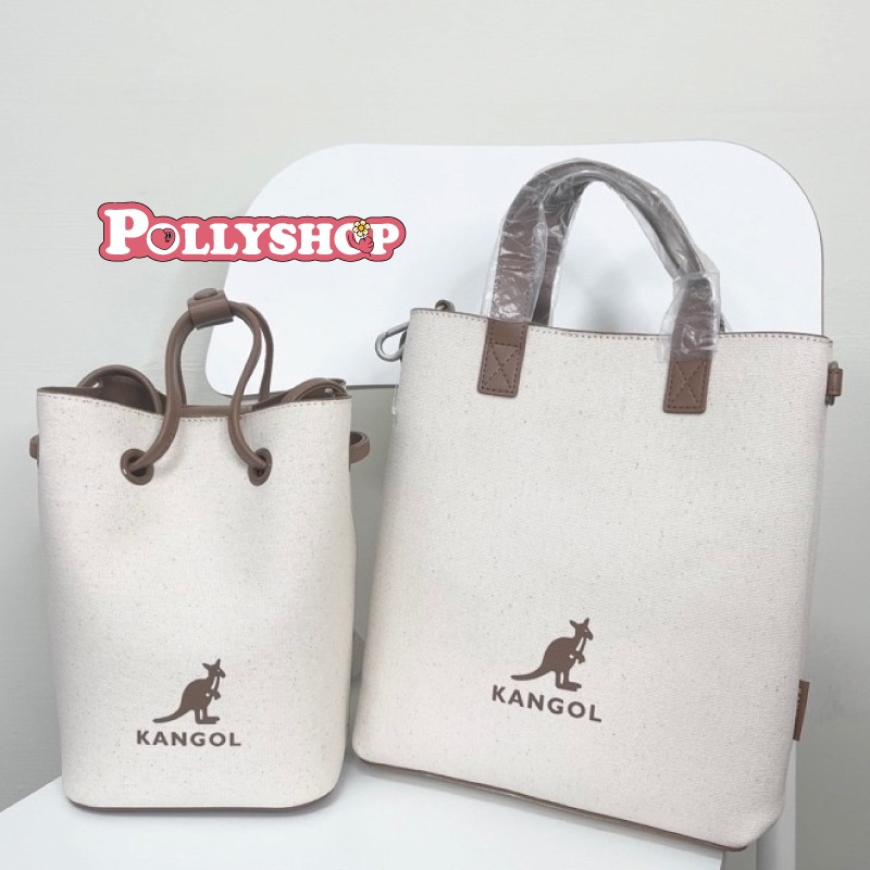 韓國KANGOL袋鼠牌 帆布PVC皮革拼接水桶包小方包-細節圖3