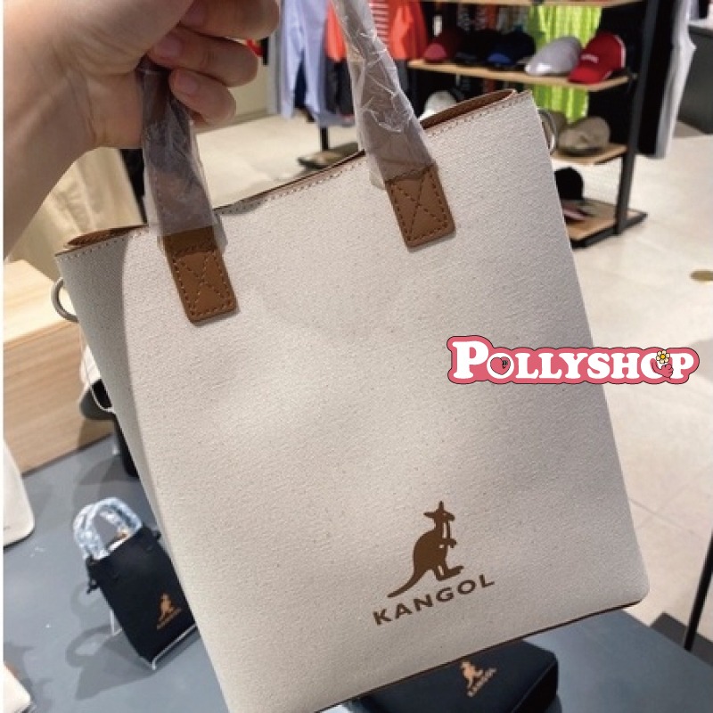 韓國KANGOL袋鼠牌 帆布PVC皮革拼接水桶包小方包-細節圖7