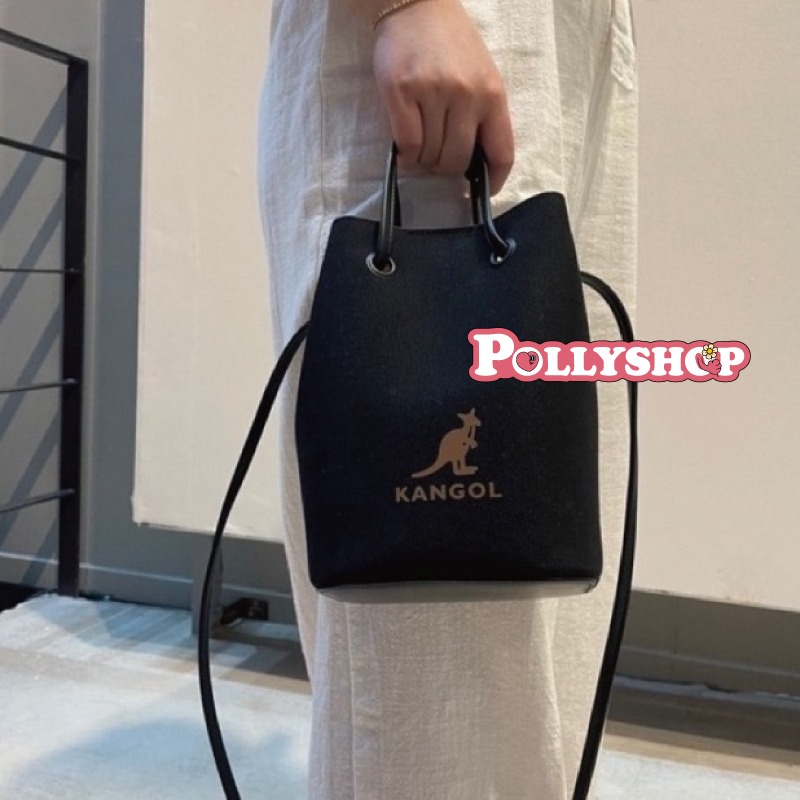 韓國KANGOL袋鼠牌 帆布PVC皮革拼接水桶包小方包-細節圖8