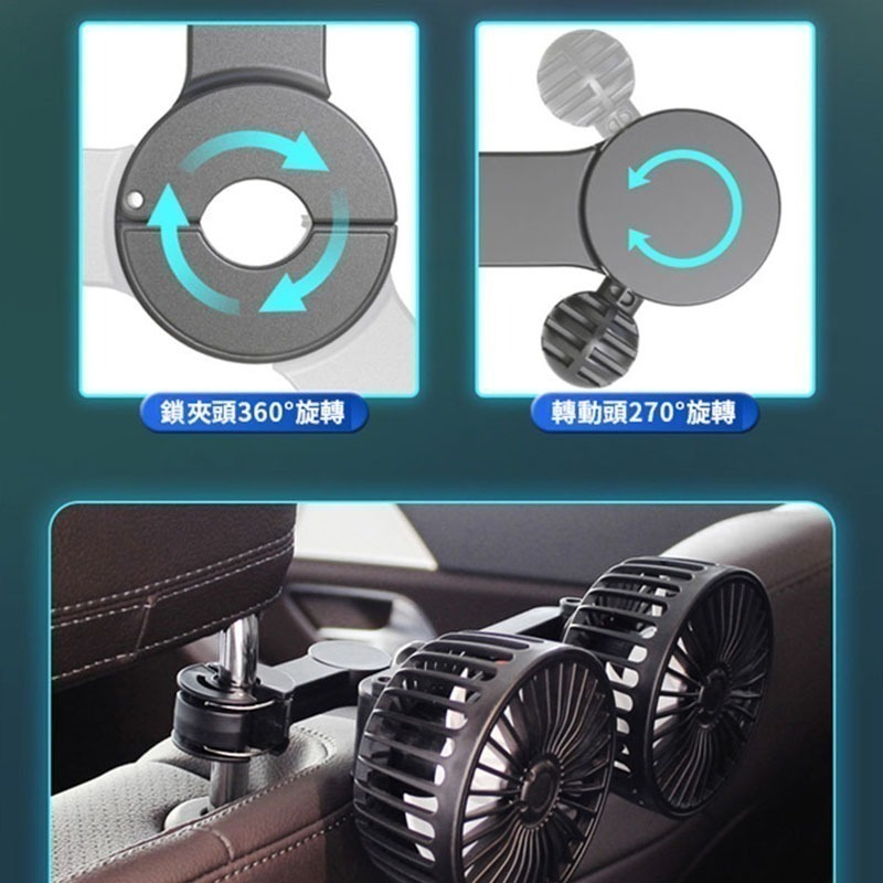 USB款 車用夾管型後座雙頭風扇 頭枕風扇 大風量 USB供電 3擋風速 基座萬向旋轉 左右調整風向-細節圖4