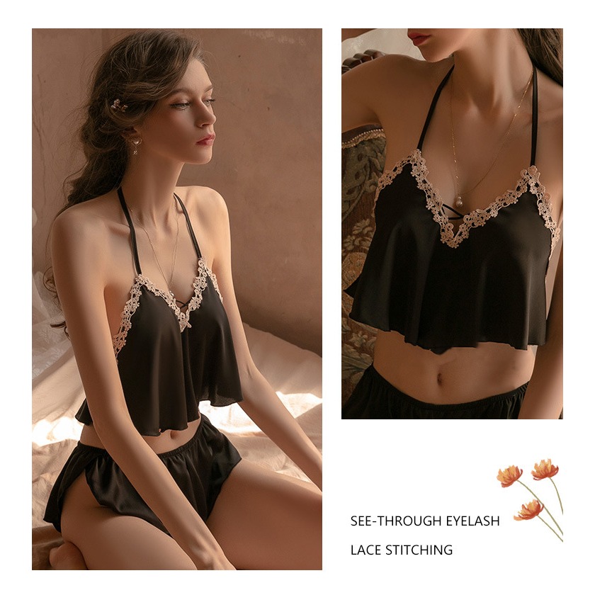 Yola優辣✨現貨 性感睡衣 睡衣套裝 法式睡衣 小胸睡衣 冰絲睡衣 緞面睡衣 蕾絲睡衣 涼感睡衣 居家服 絲綢睡衣-細節圖3