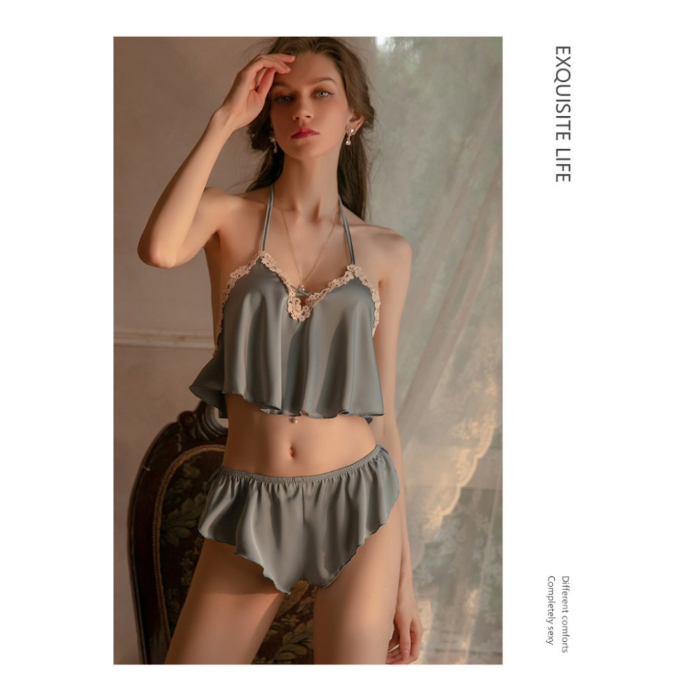 Yola優辣✨現貨 性感睡衣 睡衣套裝 法式睡衣 小胸睡衣 冰絲睡衣 緞面睡衣 蕾絲睡衣 涼感睡衣 居家服 絲綢睡衣-細節圖4