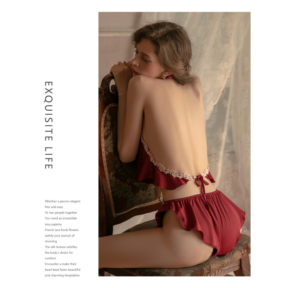 Yola優辣✨現貨 性感睡衣 睡衣套裝 法式睡衣 小胸睡衣 冰絲睡衣 緞面睡衣 蕾絲睡衣 涼感睡衣 居家服 絲綢睡衣-細節圖6