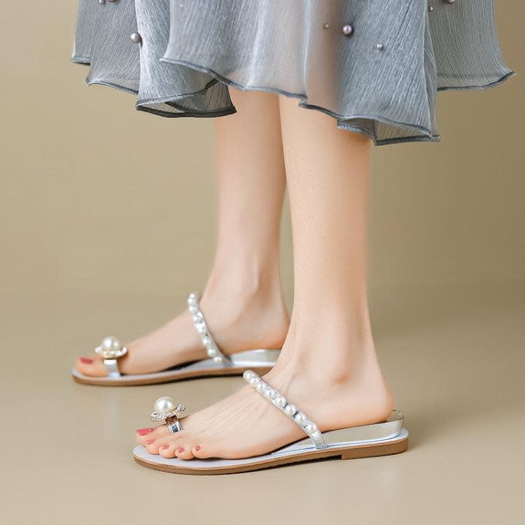 涼鞋 女外穿2023新款夏季網紅正韓氣質仙女風珍珠水鉆平底涼拖鞋女-細節圖2