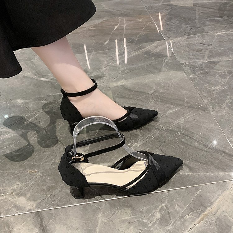 中跟鞋 涼鞋女2023新款女鞋夏季尖頭包頭一字扣包跟粗跟時裝涼鞋女-細節圖2