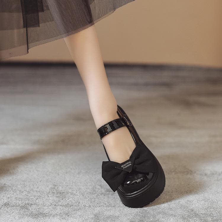 網紅黑色蝴蝶結粗跟高跟鞋女2023年新款秋冬季小個子法式瑪麗珍鞋-細節圖2