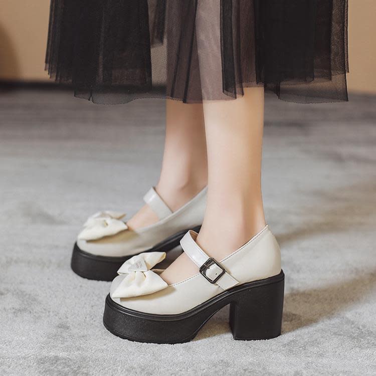 網紅黑色蝴蝶結粗跟高跟鞋女2023年新款秋冬季小個子法式瑪麗珍鞋-細節圖3