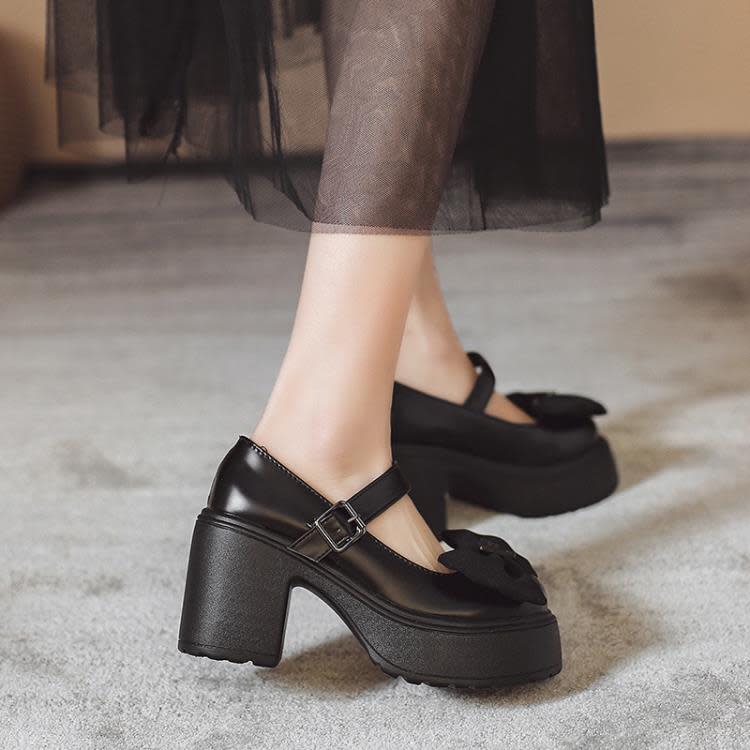 網紅黑色蝴蝶結粗跟高跟鞋女2023年新款秋冬季小個子法式瑪麗珍鞋-細節圖4