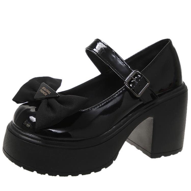 網紅黑色蝴蝶結粗跟高跟鞋女2023年新款秋冬季小個子法式瑪麗珍鞋-細節圖5