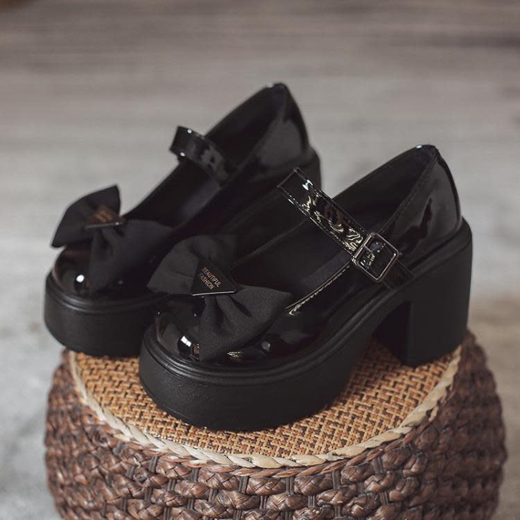 網紅黑色蝴蝶結粗跟高跟鞋女2023年新款秋冬季小個子法式瑪麗珍鞋-細節圖6