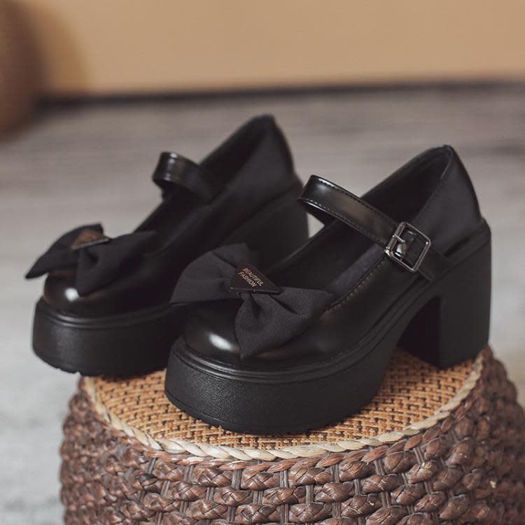 網紅黑色蝴蝶結粗跟高跟鞋女2023年新款秋冬季小個子法式瑪麗珍鞋-細節圖7