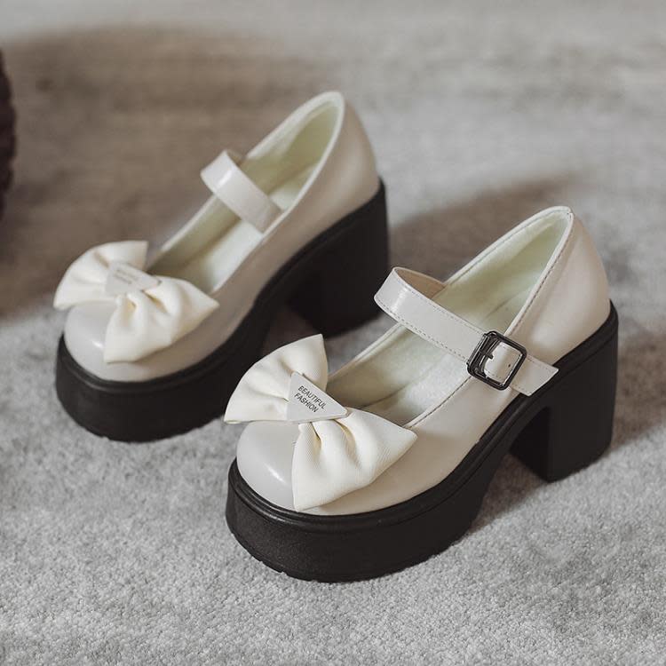 網紅黑色蝴蝶結粗跟高跟鞋女2023年新款秋冬季小個子法式瑪麗珍鞋-細節圖8