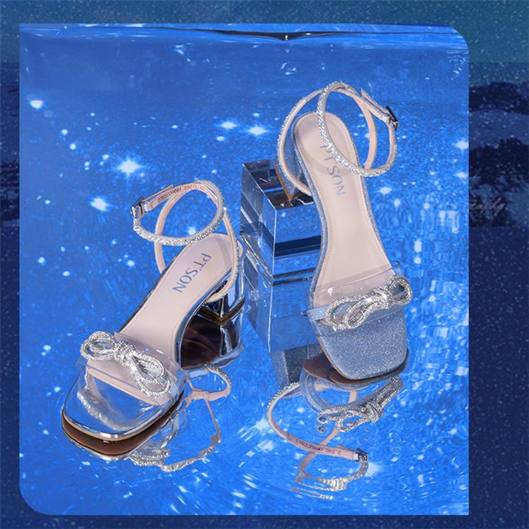 中跟鞋 2023年夏季水鉆蝴蝶結涼鞋甜美仙女風透明露趾銀色方跟女鞋-細節圖2