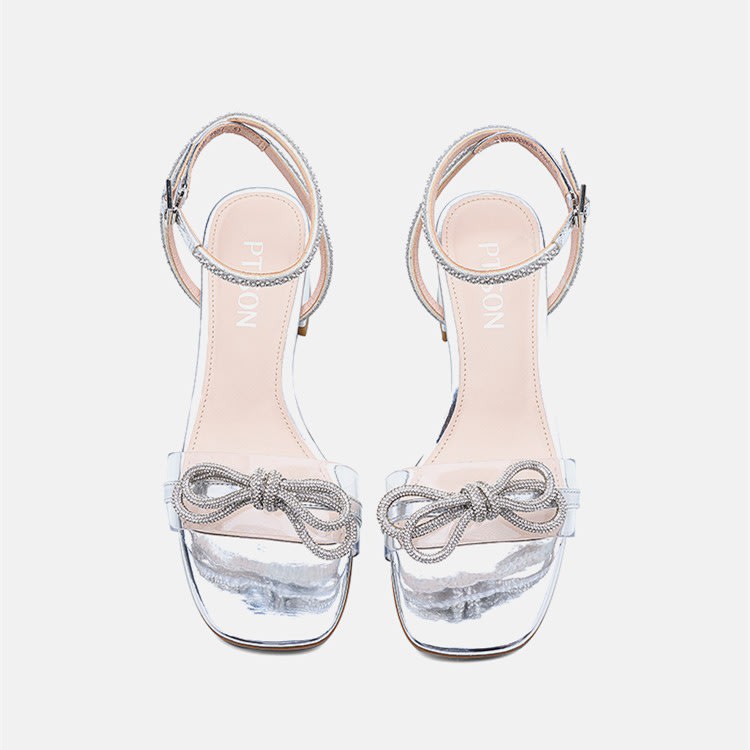 中跟鞋 2023年夏季水鉆蝴蝶結涼鞋甜美仙女風透明露趾銀色方跟女鞋-細節圖4