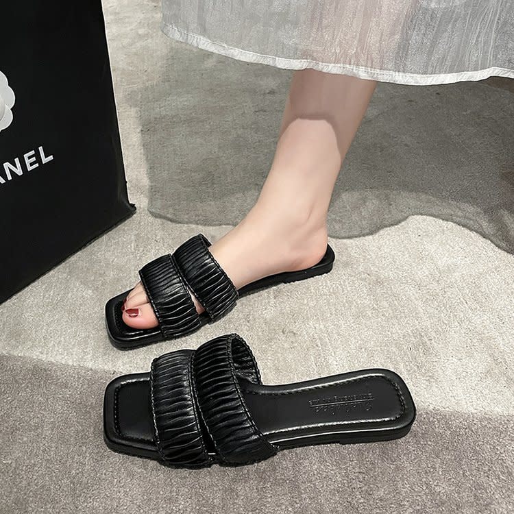 拖鞋 女2023新款女鞋春夏正韓方頭魚嘴涼女式外穿平底批髮-細節圖2