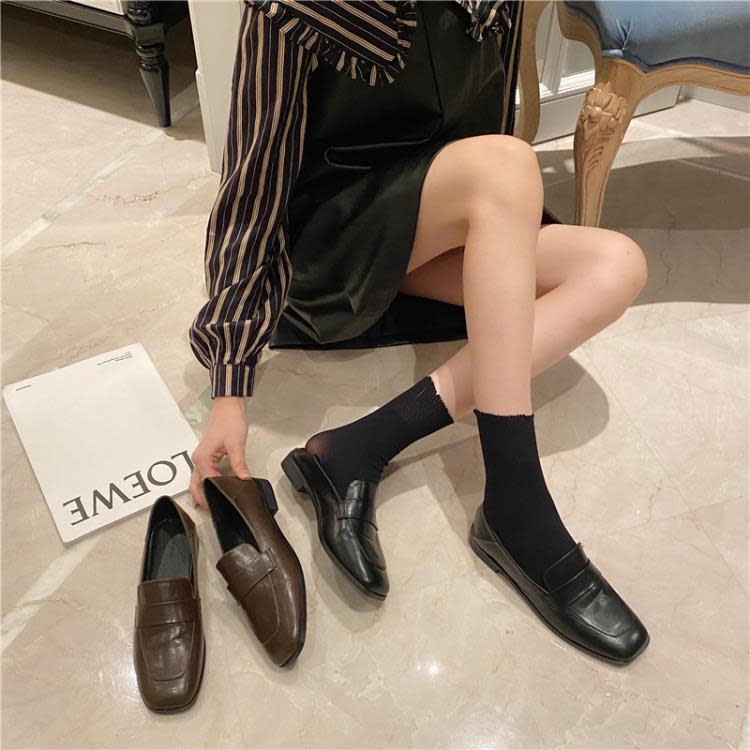 樂福鞋 經典英倫復古小皮鞋女軟皮秋季正韓方頭單鞋女平底一腳蹬子-細節圖3