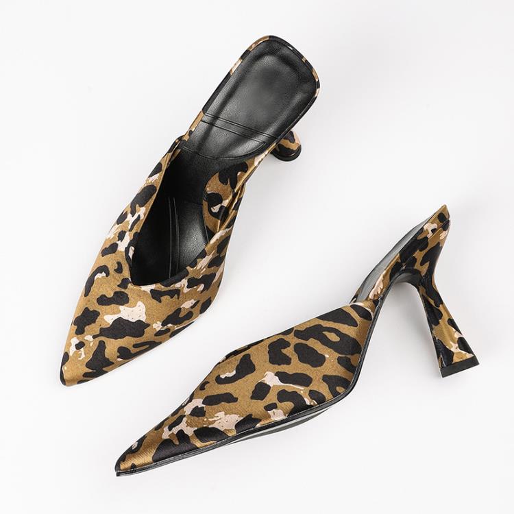 heels2023夏新款歐美風包頭V口女鞋 豹紋動物紋高跟鞋法式涼拖鞋-細節圖4