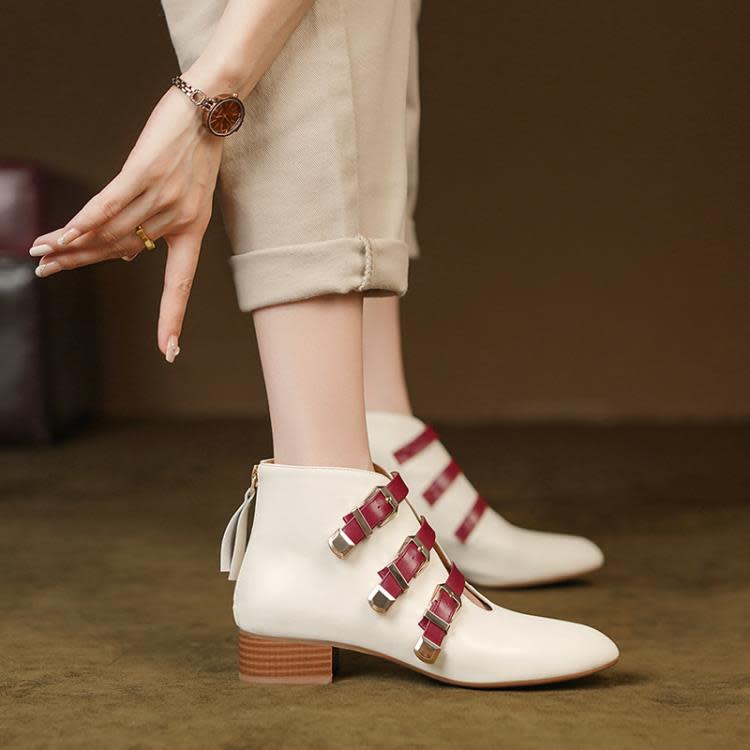 踝靴 低跟及2023秋季新款女鞋皮帶扣高跟鞋拼色粗跟中跟時裝靴短靴-細節圖2