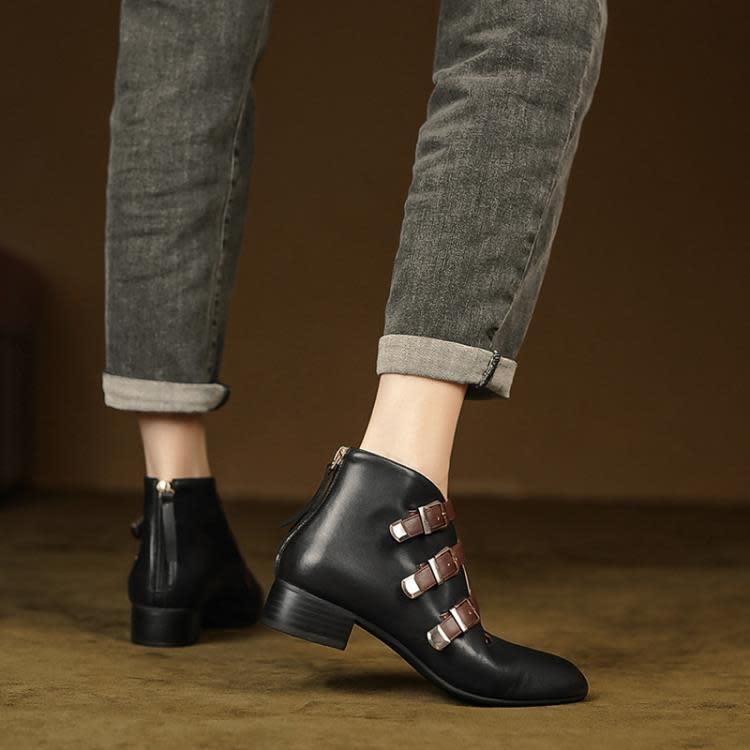 踝靴 低跟及2023秋季新款女鞋皮帶扣高跟鞋拼色粗跟中跟時裝靴短靴-細節圖3