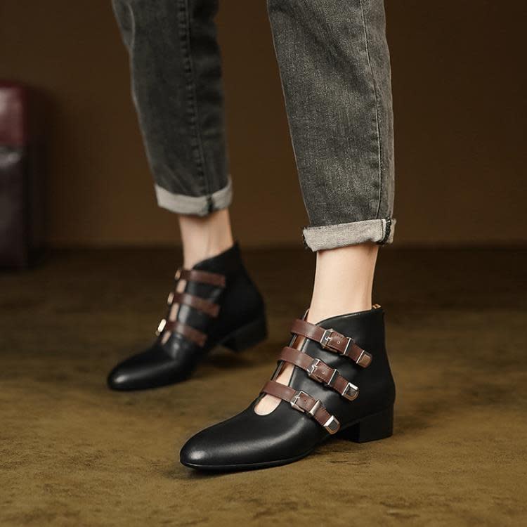 踝靴 低跟及2023秋季新款女鞋皮帶扣高跟鞋拼色粗跟中跟時裝靴短靴-細節圖4