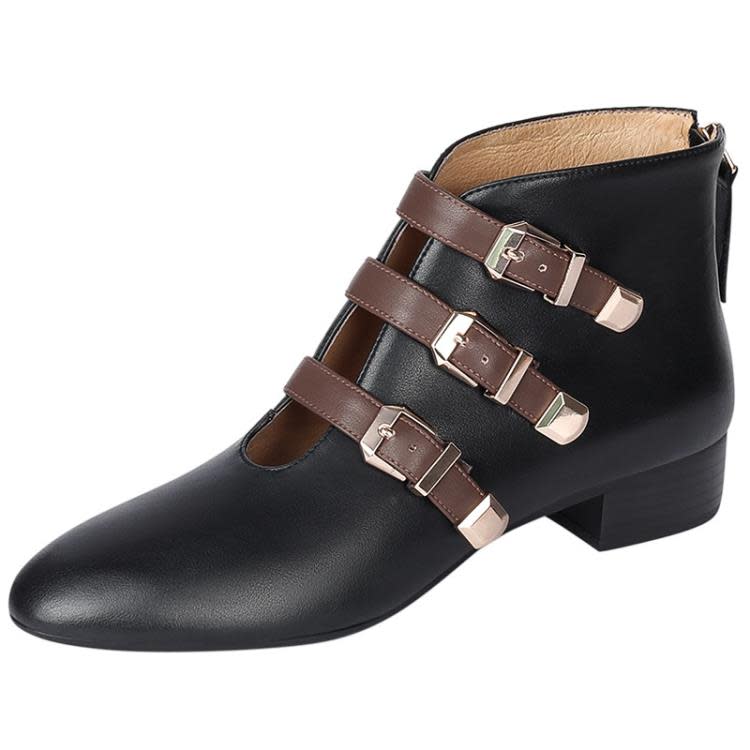 踝靴 低跟及2023秋季新款女鞋皮帶扣高跟鞋拼色粗跟中跟時裝靴短靴-細節圖5