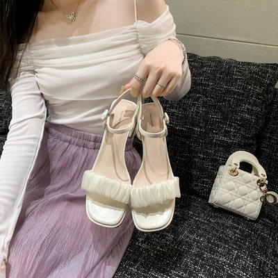 涼鞋 小毒同款白茶清歡方頭綢緞一字帶涼鞋女2023年春夏季新款網紗粗跟-細節圖2