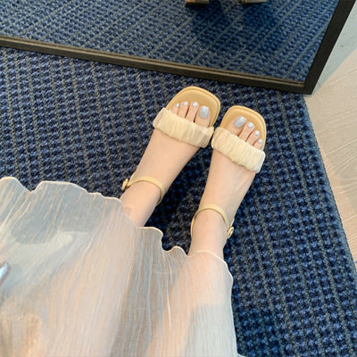涼鞋 小毒同款白茶清歡方頭綢緞一字帶涼鞋女2023年春夏季新款網紗粗跟-細節圖7