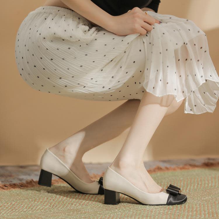 高跟鞋 H978-29羊皮內墊粗跟女鞋拼接皮綢緞面時裝單鞋金屬扣5CM跟鞋-細節圖2