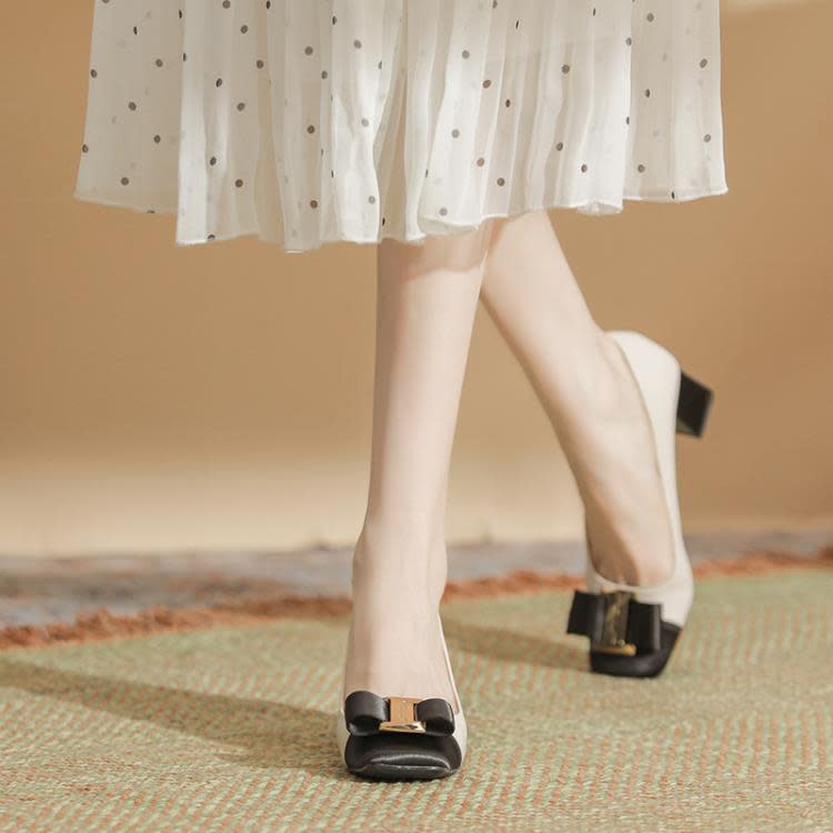 高跟鞋 H978-29羊皮內墊粗跟女鞋拼接皮綢緞面時裝單鞋金屬扣5CM跟鞋-細節圖3