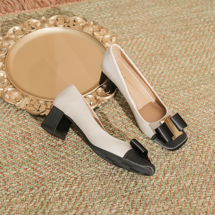 高跟鞋 H978-29羊皮內墊粗跟女鞋拼接皮綢緞面時裝單鞋金屬扣5CM跟鞋-細節圖4