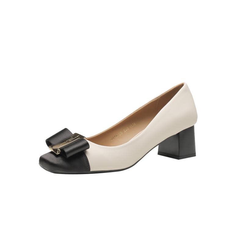 高跟鞋 H978-29羊皮內墊粗跟女鞋拼接皮綢緞面時裝單鞋金屬扣5CM跟鞋-細節圖5